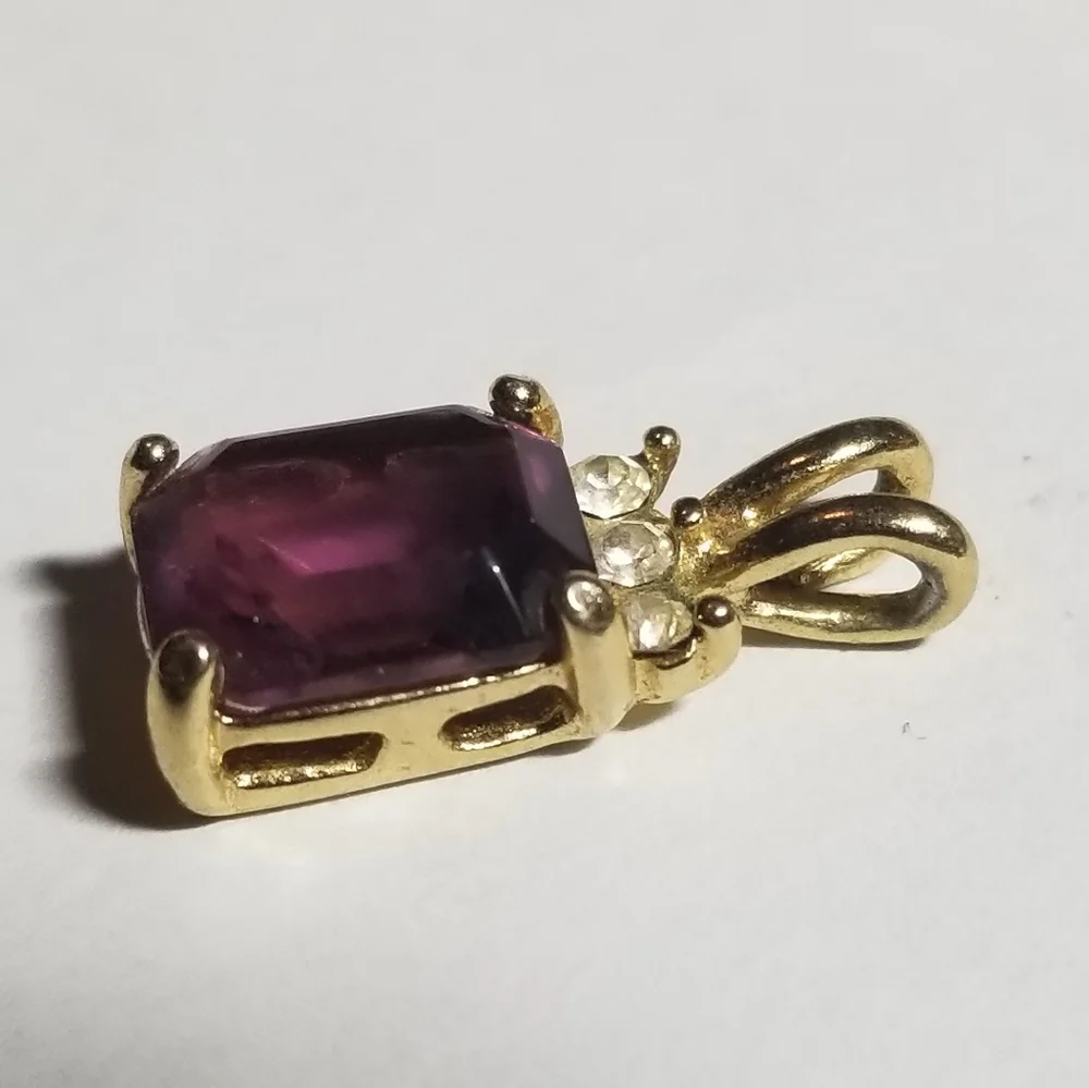 Purple gem pendant gold tone tiny dainty rectangular vintage